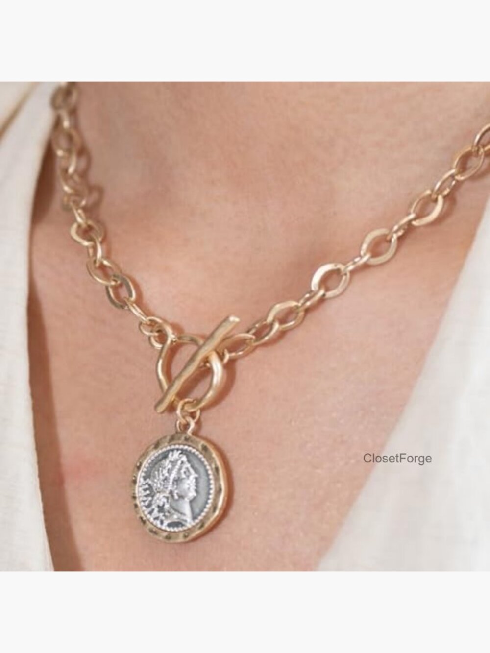 Antique Gold Plated Chunky Coin Necklace 18" Thick Link Chain - Picture 3 of 7